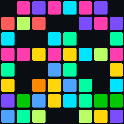 A multicolored Node Shard generated from an 8 by 8 mirrored grid, its cells lighting up in shifting colors